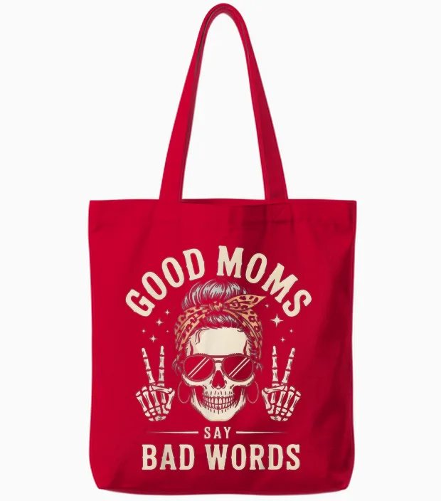 Good Moms Say Bad Words Funny Skeleton Messy Bun Mom Tote Bags in Red
