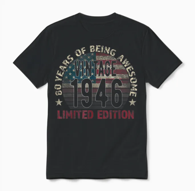 80th Birthday Gift Men Vintage Born 1946 Turning 80 Year Old Unisex T-Shirt in Black