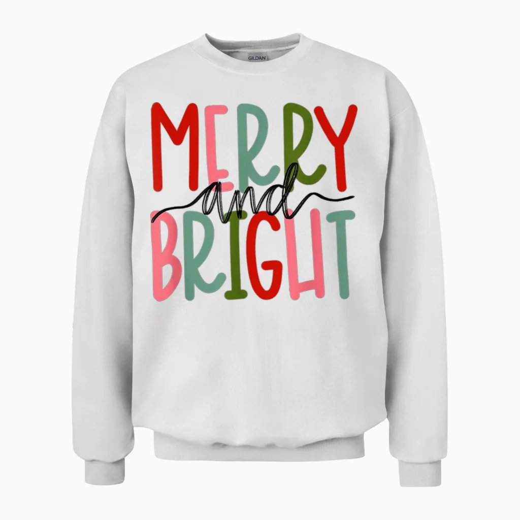 Merry and Bright Christmas Women Girls Kids Toddlers Cute Unisex Sweatshirt in White