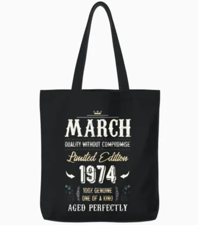 March 1974 Vintage Birthday Present Tote Bags - Black