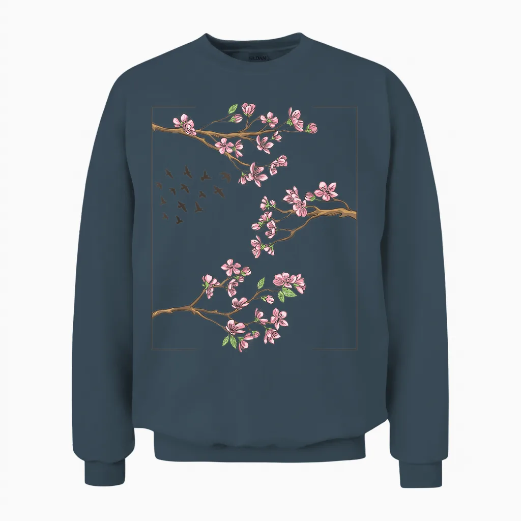 Japanese Cherry Blossom Aesthetic Anime Cherry Blossom Sakura T-Shirt, White Unisex Sweatshirt in Dark Heather