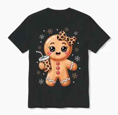 Cute Gingerbread Leopard Coquette Bow Christmas Gingerbread Unisex T-Shirt - Black