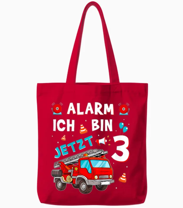 Children's 3rd Birthday Boy Girl Fire Brigade Gifts Fire Engine T-Shirt, Black Tote Bags in Red