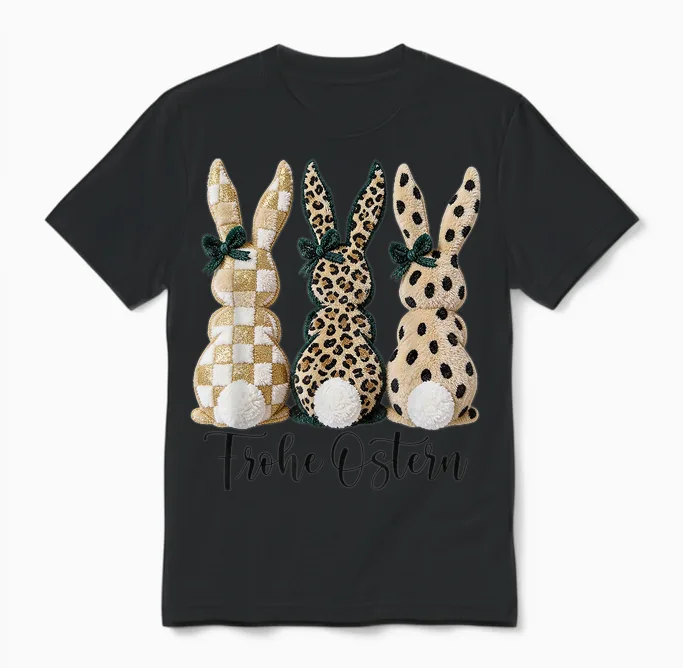 Frohe Ostern Hasen Vintage Leo Karo Punkte Print Oster Deko Unisex T-Shirt in Black