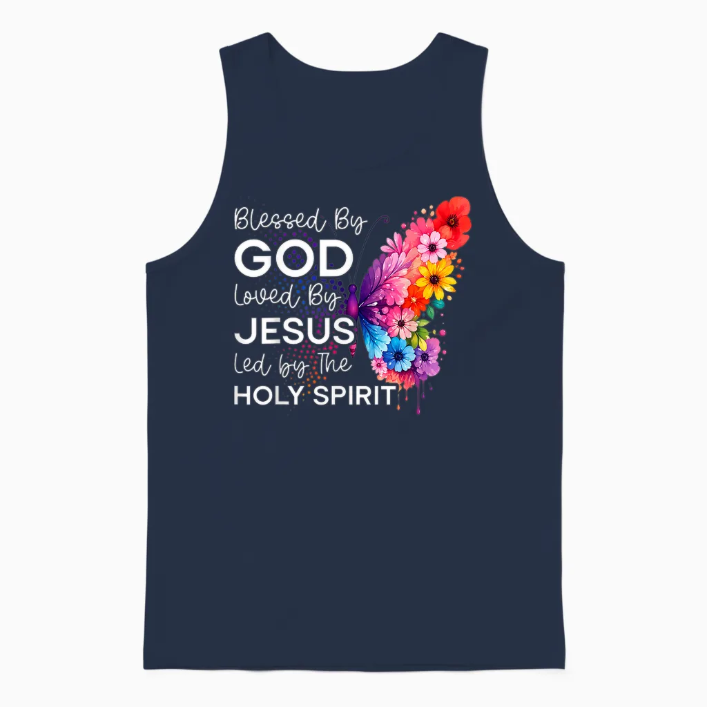 Béni Par Dieu Aimé Par Jésus Saint-Esprit Christ Papillon Unisex Tank Top in Navy