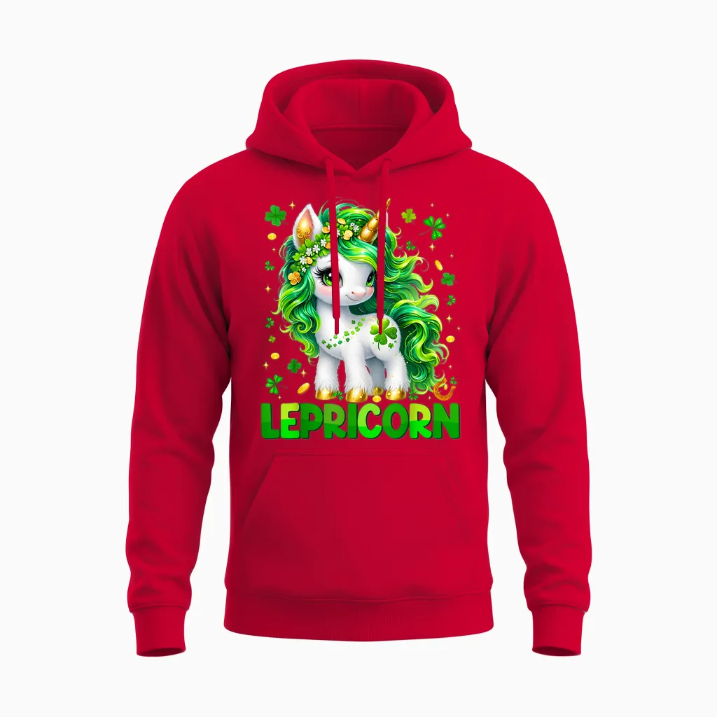 Lepricorn Cute Unicorn Shamrock St Patricks Girl Kid Unisex Hoodie in Red