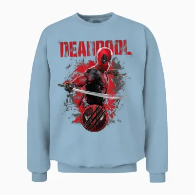 Marvel Deadpool & Wolverine Distressed Red Stamp Hero Logo T-Shirt, Black, S Unisex Sweatshirt - Light Blue