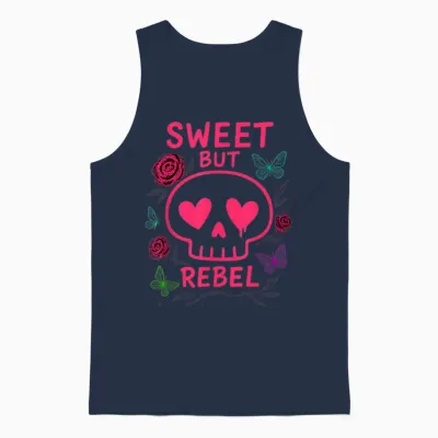Mignon ’n Punk Crâne Coeurs Papillons Roses Esthétique Unisex Tank Top - Navy