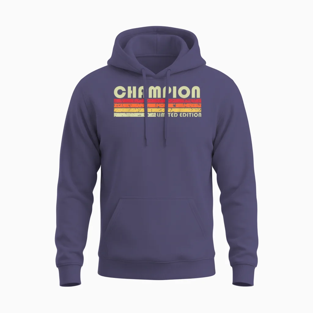 Champion Surname Funny Retro Vintage 80s Birthday Reunion Unisex Hoodie in Heather Sport Dark Navy