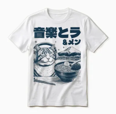 Music & Ramen Cat Neko Japan Ramen Noodle Cat T-Shirt, Gray, S Unisex T-Shirt - White