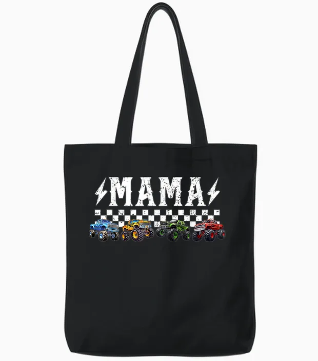 Mama Retro Monster Truck Family Crew Birthday Matching Tote Bags in Black