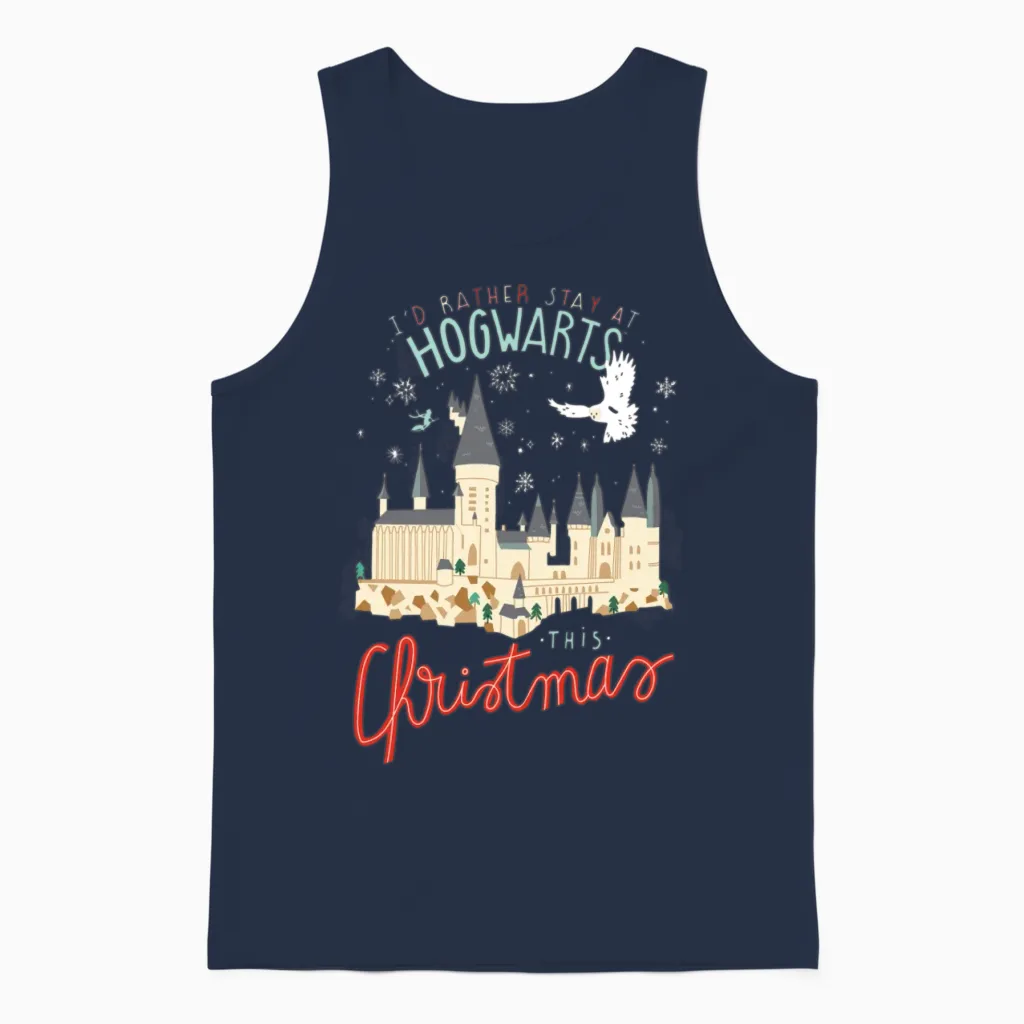 Harry Potter I'd Rather Stay at Hogwarts Christmas Unisex Tank Top in Navy