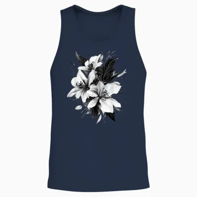 Botanical Art Flower Detailed T-Shirt, White, S Unisex Tank Top - Navy