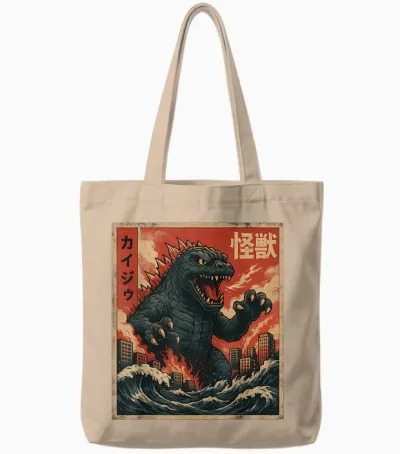 Kaiju Vintage Japanese Anime Art Retro Graphic Tote Bags - Natural
