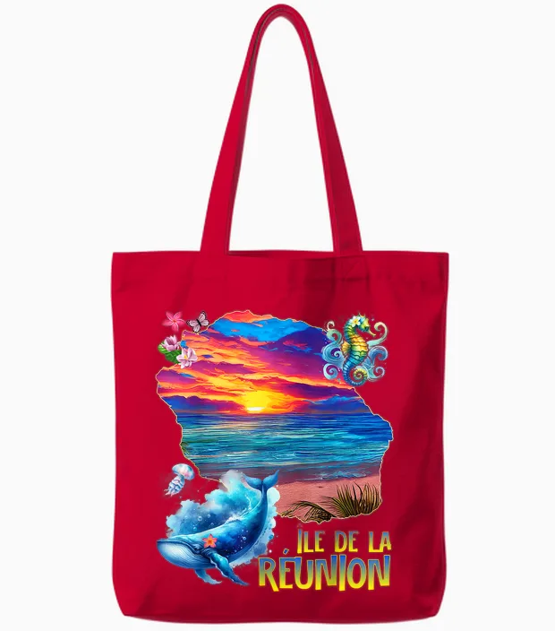 Reunion Island Sunset Sea Blue Whale Jellyfish T-Shirt, Black, S Tote Bags in Red