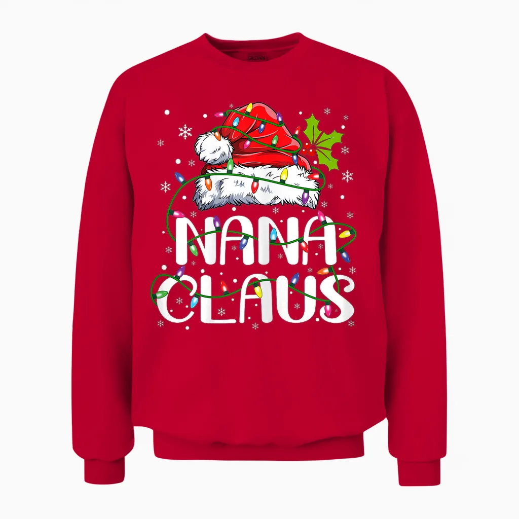 Nana Claus Christmas Lights Pajama Family Matching Unisex Sweatshirt in Red