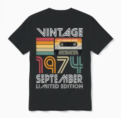 50th Birthday Vintage September 1974 Born 1974 Unisex T-Shirt - Black