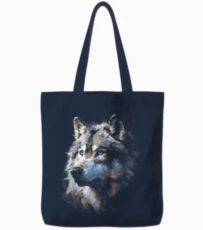 Alpha Wolf Dark Fantasy Art Graphic Blue Eyes Wolf Lovers T-Shirt, Black Tote Bags - Navy