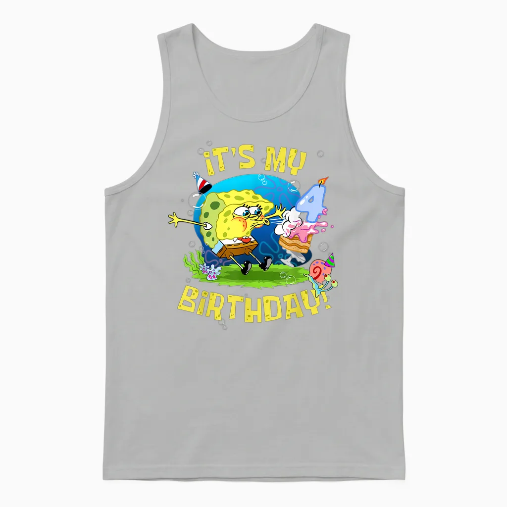 Spongebob It's My 4th Birthday Cake 4 Years Old Spongebob Unisex Tank Top in Ash
