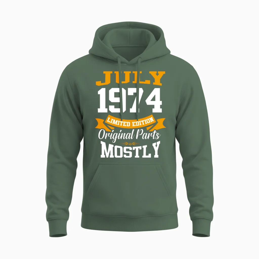 July 1974 Vintage Birthday Present Unisex Hoodie in Military Green