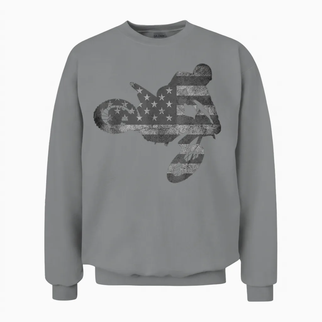Dirt Bike American Flag T-Shirt | Motocross Enduro Unisex Sweatshirt in Sport Grey