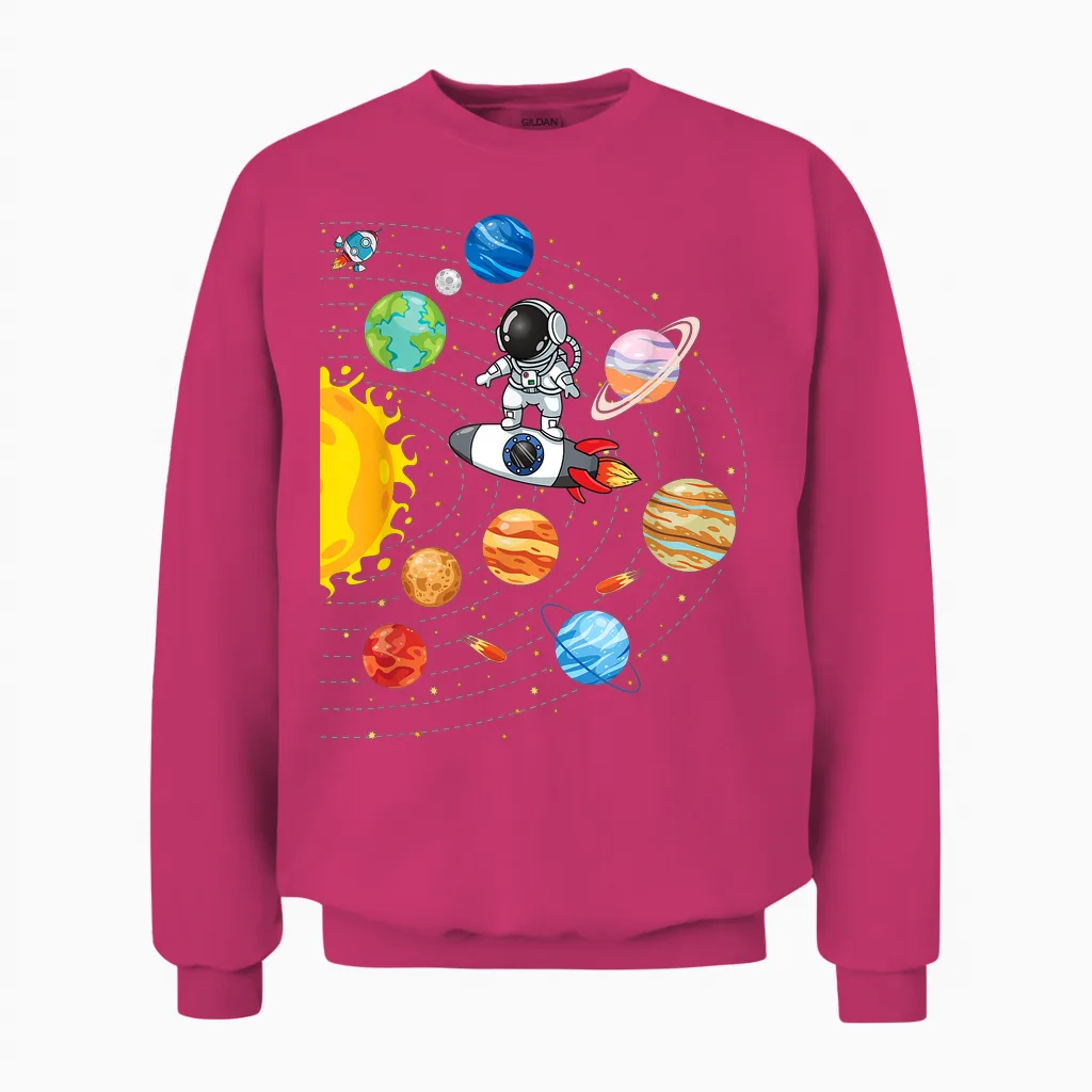 Funny Astronaut Solar System Space Planets Space T-Shirt, Black Unisex Sweatshirt in Heliconia
