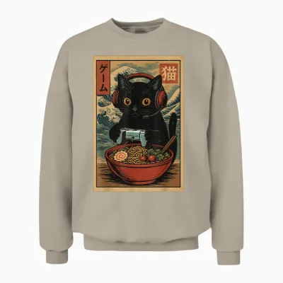 Cute Kawaii Gamer Cat Funny Ramen Retro Japanese Cat Gaming Unisex Sweatshirt - Sand
