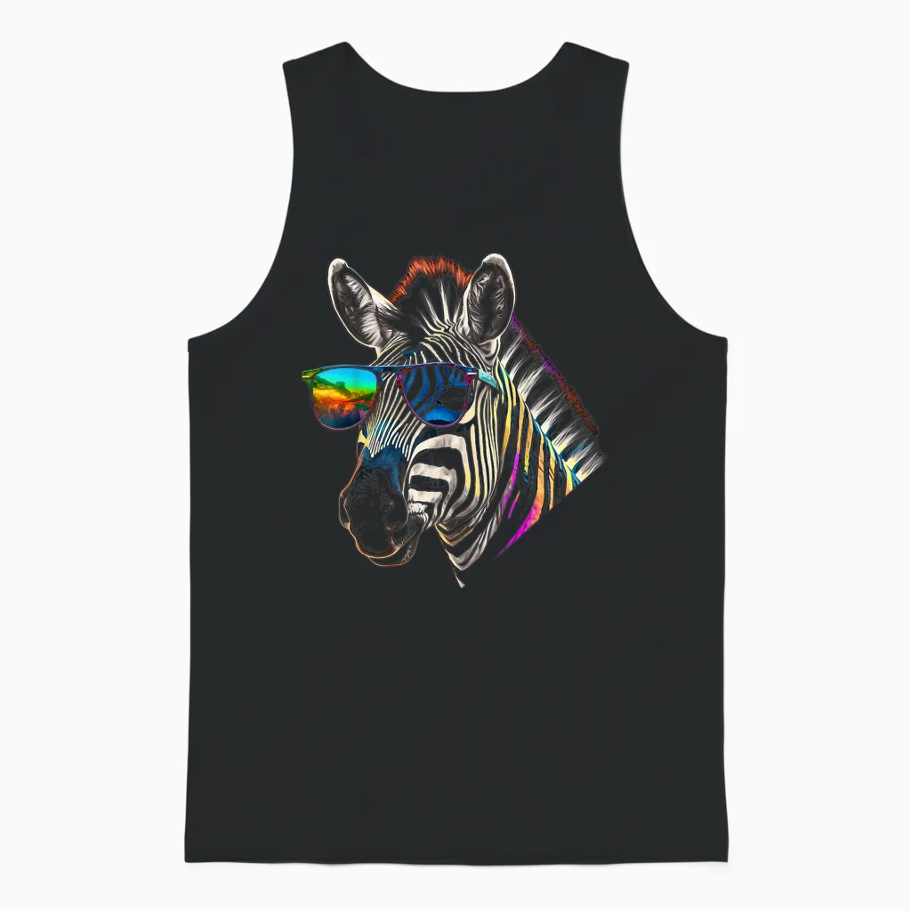 Zebra Sunglasses Artwork | Animal Colourful Zebra T-Shirt, Black Unisex Tank Top in Black