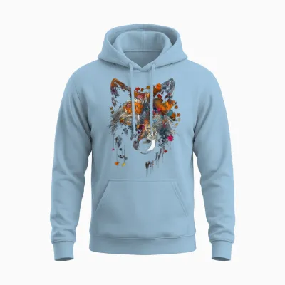 Wolf Herbst Blätter - Blaue Augen - Tier Kunst Motiv Wolf Unisex Hoodie - Light Blue