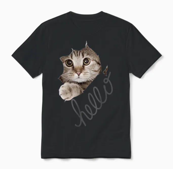Cute Cat Motif with Beautiful Print T-Shirt, Black Unisex T-Shirt in Black