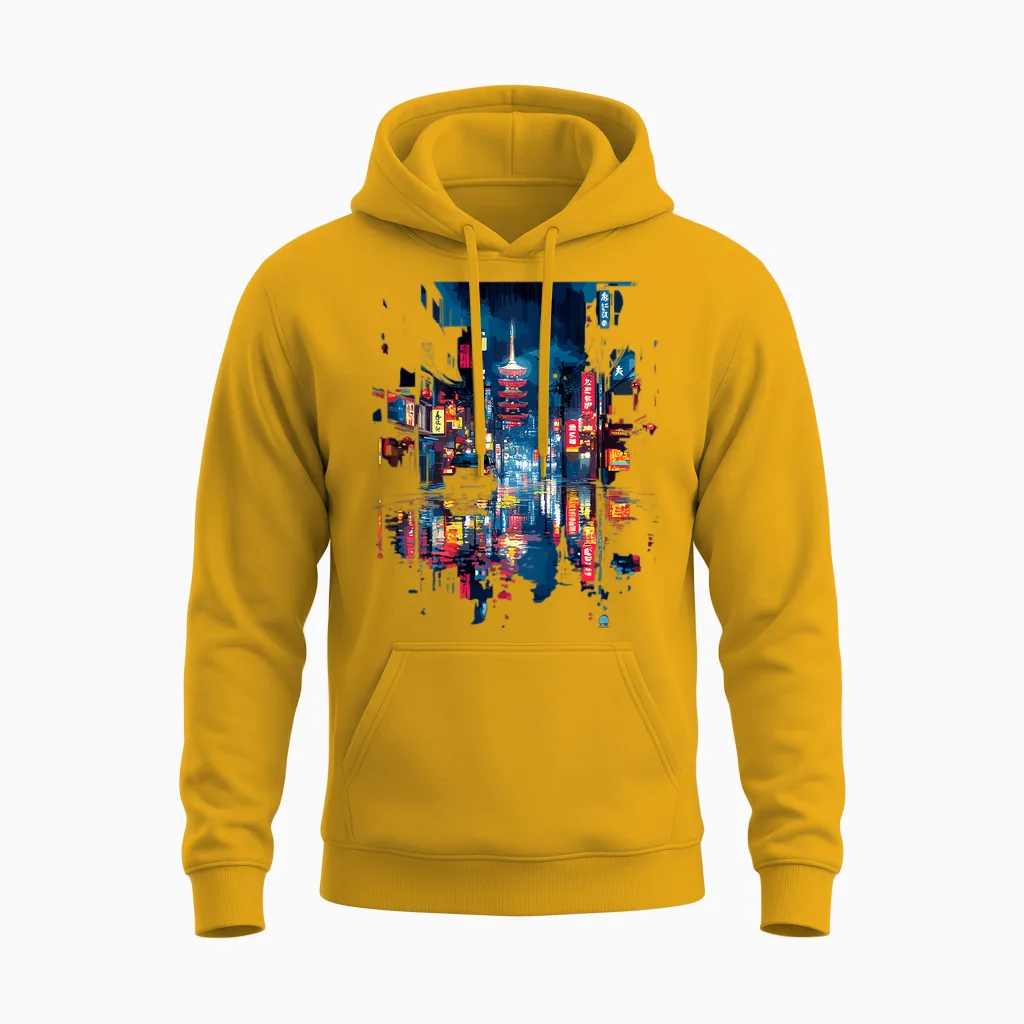 Japanischer Regen Backprint Unisex Hoodie in Gold