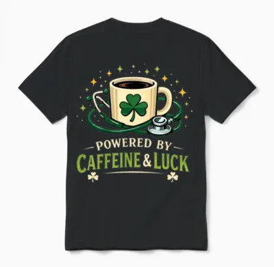 Powered by Caffeine & Luck: Medical Stethoscope Unisex T-Shirt - Black