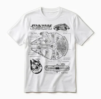 Star Wars Millennium Falcon T-Shirt with Detailed Schematics T-Shirt, Gray, S Unisex T-Shirt - White