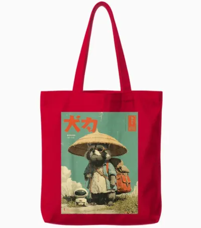 Vintage Otaku Tanuki Japanese Cute Raccoon Raccoon Samurai Tote Bags - Red
