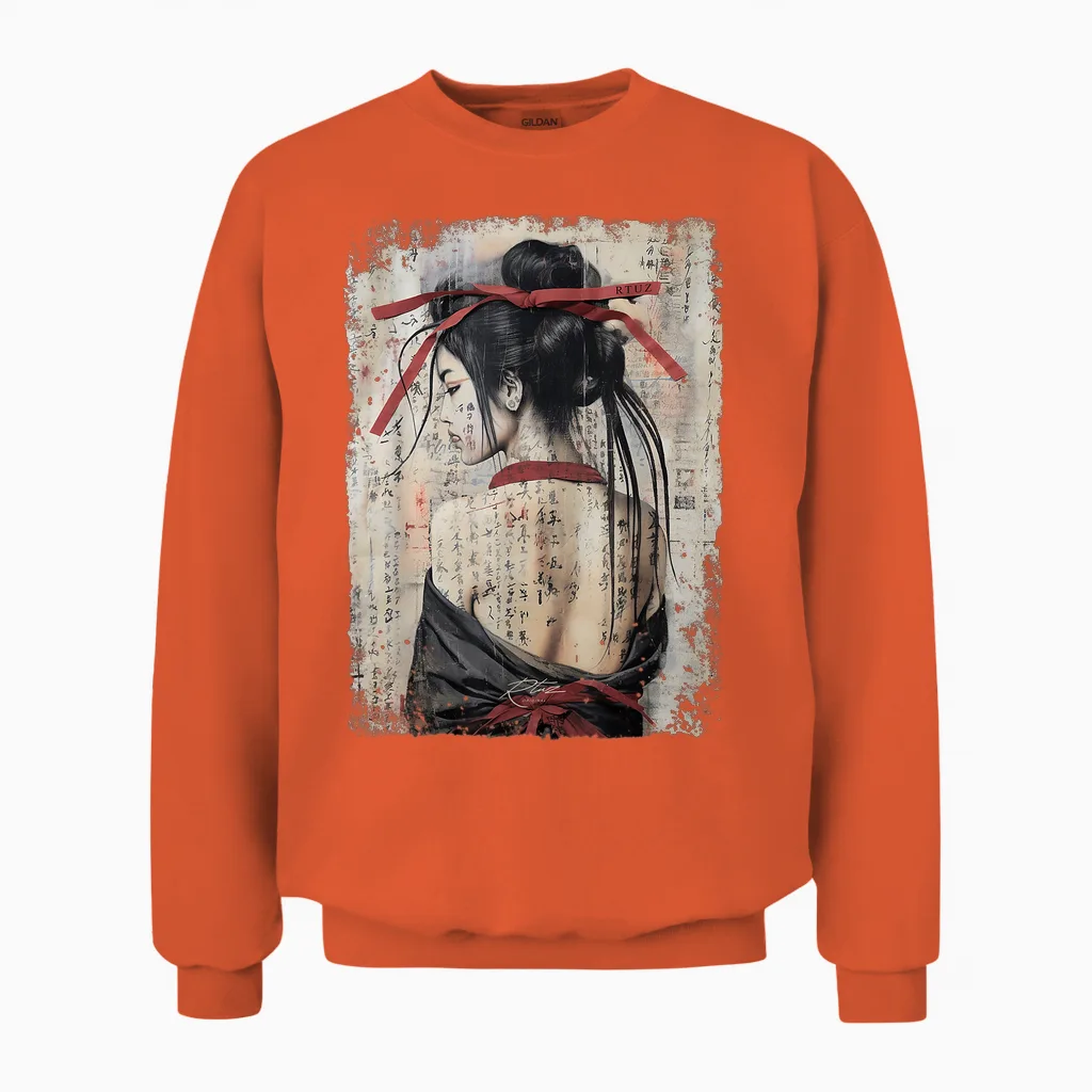 Geisha Asia Japan Woman Vintage Culture Tokyo Geisha T-Shirt, Black Unisex Sweatshirt in Orange