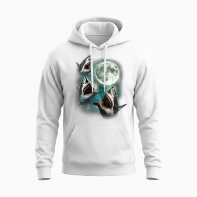 Three Shark Moon | 3 Great Whites Howling Wolfs Moon Parody Unisex Hoodie - White