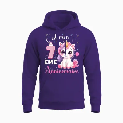 Enfant C'est Mon 7 ème Anniversaire Unicorn Birthday 7 Years T-Shirt, Black, 2 Unisex Hoodie - Purple