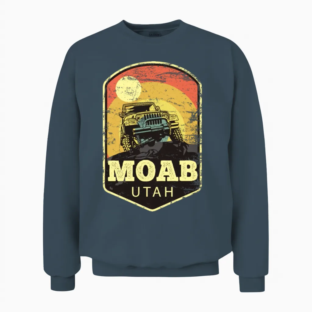 Moab Utah Jeep | Moab Utah Jeep Vintage Sunset Unisex Sweatshirt in Dark Heather