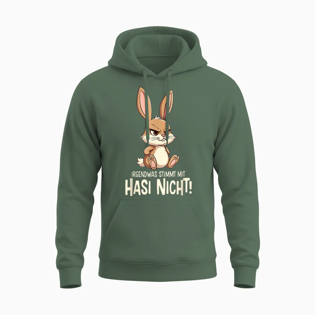 T-Shirt with "irgendwas Stimmt Mit Hasi Nicht Kaninchen Hase Böses Hasi", Black Unisex Hoodie in Military Green
