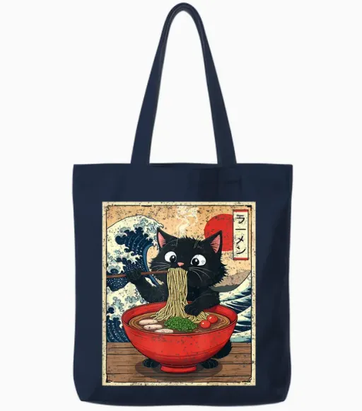 Vintage Cat Kawaii Neko Ramen Art Japanese Anime Funny Gifts T-Shirt, Black, S Tote Bags - Navy