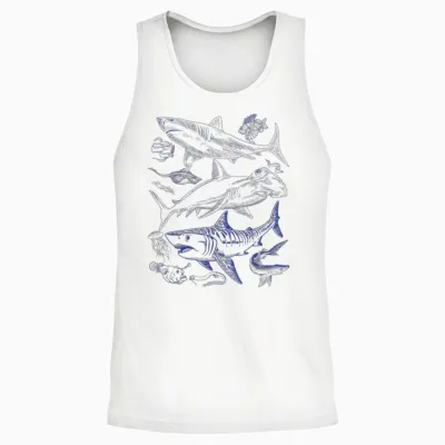 Shark Species Vintage Illustration - Hammerhead Shark Tiger Shark T-Shirt, White Unisex Tank Top - White