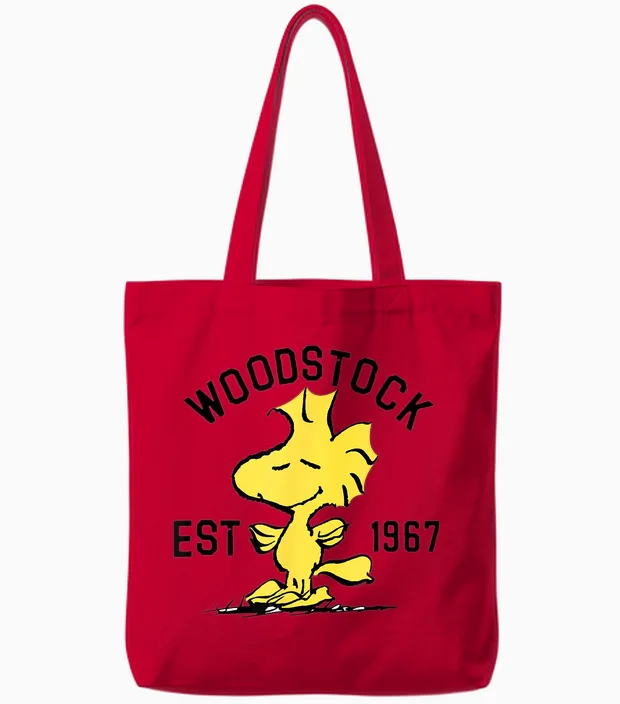Peanuts Woodstock Graphic T-Shirt, Yellow, Unisex, Short Sleeve, Cotton 100%, Small Tote Bags in Red