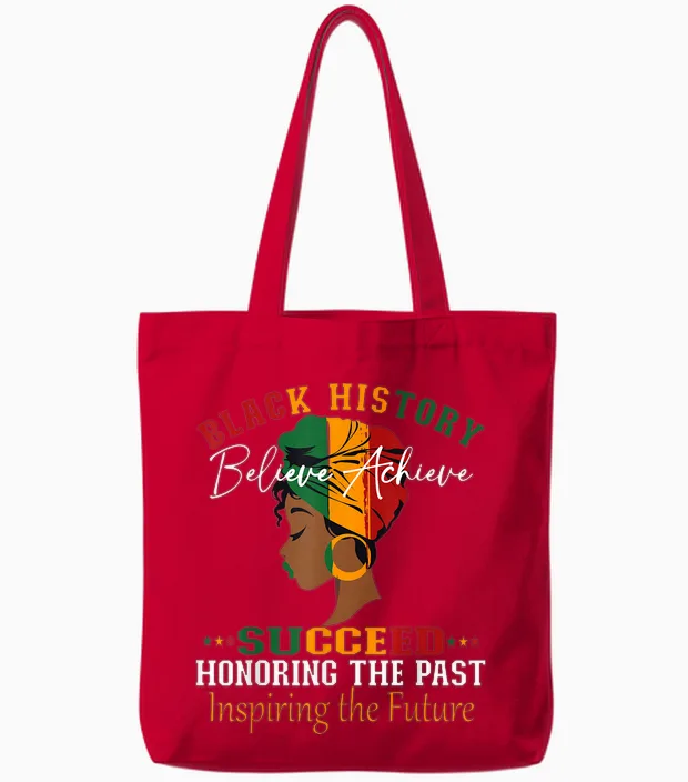 Black History Month Believe Achieve Succeed Melanin African Tote Bags in Red