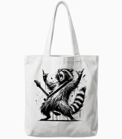 Raccoon Rock and Roll Rock&roll Raccoon Playing Guitar Rock & Roll T-Shirt, Black, S Tote Bags - White