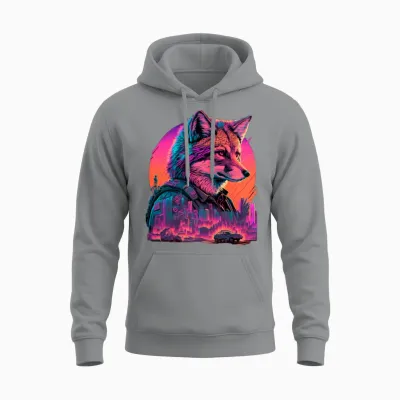 Retro Futuristic Synthwave Fox Unisex Hoodie - Sport Grey