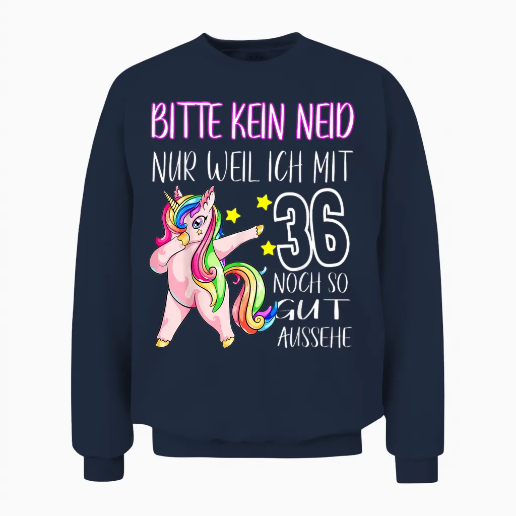 T-Shirt with German Text "bitte Kein Neid Gut Aussehe 36 Years Unicorn 36th Birthday T-Shirt, Black Unisex Sweatshirt in Navy