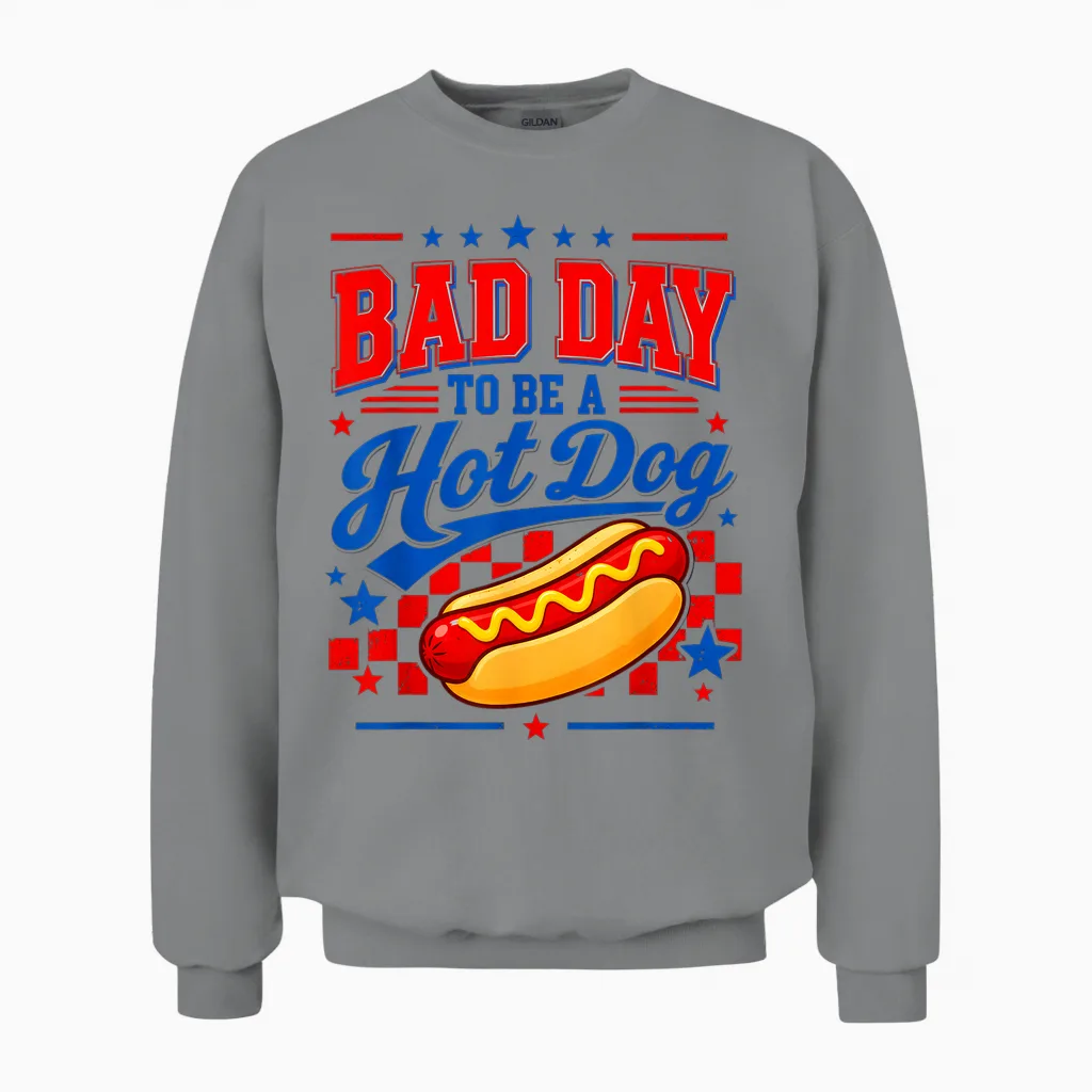 Bad Day to Be a Hot Dog Patriotic Fourth of July Design Unisex Sweatshirt in Sport Grey