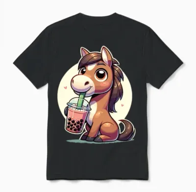 Kawaii Horses Bubble Tea Boba Horse Unisex T-Shirt - Black