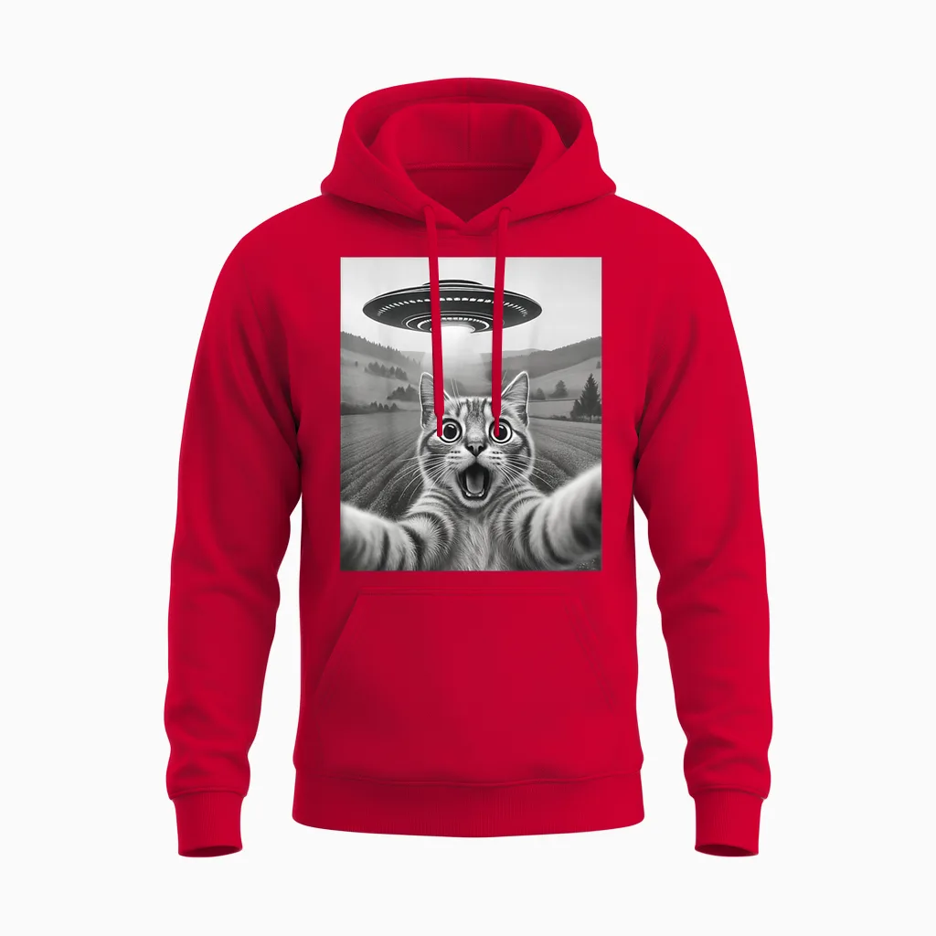 Cat Selfie with Alien Ufo Funny Gift Men Women Unisex Hoodie in Red