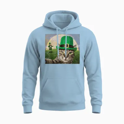 St Patricks Day Cat Selfie Leprechaun Saint Pattys Men Women Unisex Hoodie - Light Blue